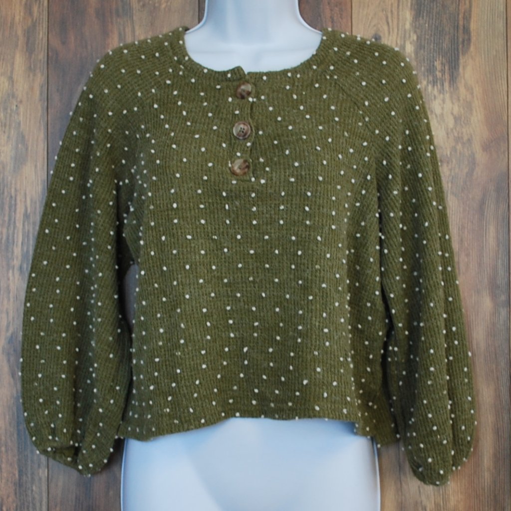Blu Pepper Women's Green Polkadot 1/4 Button Up Cropped Sweater S